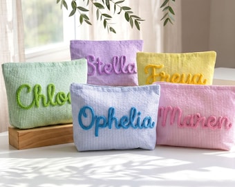 Custom Travel Toiletry Bag for Women, Seersucker Beach Organizer Pouch, Vacation Essentials, Personalized Chenille Wash Bag, Gift for Her