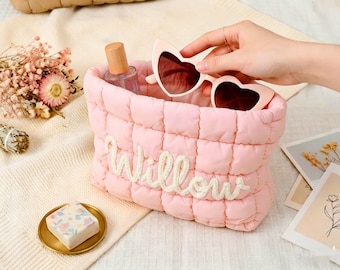 Personalized Mother's Day Gift, Custom Embroidered Makeup Bag, Quilted Cosmetic Pouch, Mama Birthday Gift, Puffer Travel Bag,Bridesmaid Gift