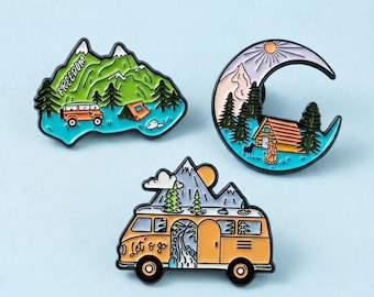 Camping Enamel Pin Set, Camper Van Pin, Mountain Lake Pin, Crescent Moon Cabin Pin, Adventure Travel Jewelry, Hiking Backpack Gift