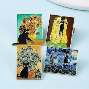 May include: Four rectangular enamel pins featuring black cats integrated into famous art styles. One shows a cat with sunflowers, another with a golden patterned couple, one with blue irises, and the last with a swirling starry night sky scene.