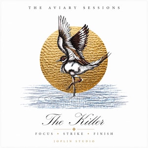 Könnte beinhalten: Detaillierte Illustration eines Vogels mit ausgebreiteten Flügeln, der auf einem Bein steht, vor einem goldenen Kreis auf weißem Hintergrund. Der Text "The Aviary Sessions" steht oben und "The Killer" unten, mit "Focus, Strike, Finish" darunter.