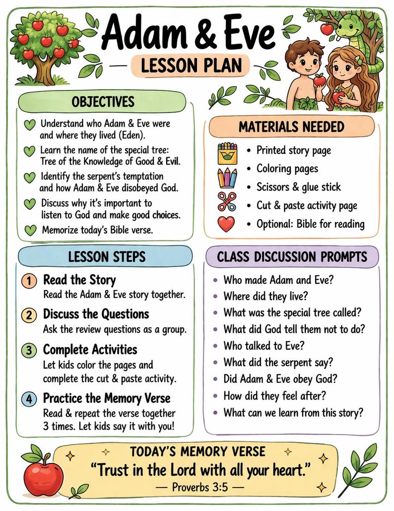 Adam and Eve| Sunday School Lesson - Etsy