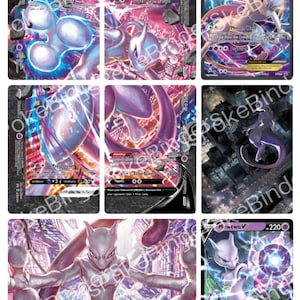 Puede incluir: Una colección de ocho cartas coleccionables de Mewtwo con varias ilustraciones del personaje psíquico morado y blanco en poses dinámicas, con algunas cartas que muestran texto como Mewtwo V-UNION, Mewtwo EX y Mewtwo V con valores de HP.