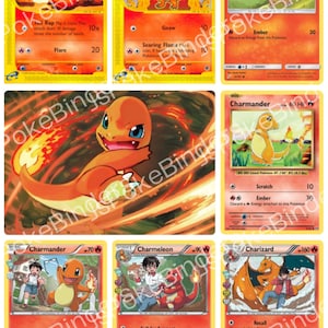 May include: A collection of eight trading cards featuring the orange fire-type creature Charmander, Charmeleon, and Charizard. Each card displays unique illustrations, attack statistics, and health points, with some cards showing a person interacting with the creatures.
