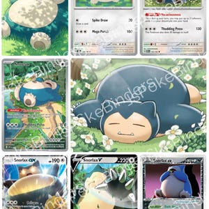 May include: A collection of eight Snorlax trading cards featuring various illustrations of the large, blue, cream-coloured creature in sleeping or resting poses. The cards display different HP values, attack names, and game text in English.