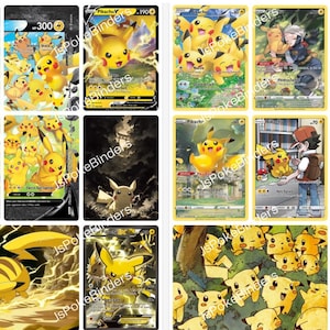 May include: A collection of fifteen trading cards featuring the yellow character Pikachu in various artistic settings, including forest scenes, urban environments, and dynamic action poses with electrical effects, all displayed in a grid layout.