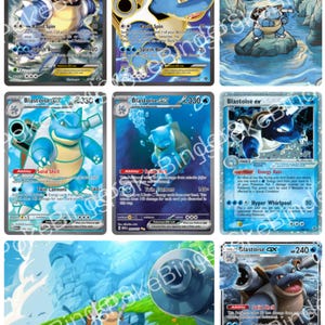 May include: A collection of eight trading cards featuring the blue turtle-like creature Blastoise in various artistic styles, poses, and battle scenes. Each card displays specific character names, health points, attack moves, and game text in English.