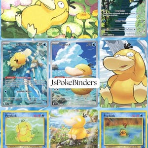 Puede incluir: Una colección de seis cartas coleccionables de Pokémon con el personaje Psyduck. Las cartas muestran a Psyduck en varias poses y entornos, con colores vibrantes y obras de arte detalladas. El texto "JsPokeBinders" es visible.