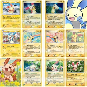 May include: A collection of yellow trading cards featuring the characters Minun and Plusle in various illustrated scenes. Each card displays character names, health points, attack moves, and descriptive text in English, arranged in a grid format.