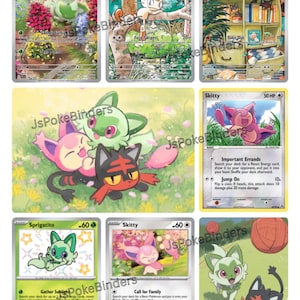 Puede incluir: Nueve cartas coleccionables de Pokémon con ilustraciones de personajes como Sprigatito, Meowth y Skitty. Las cartas presentan texto y la marca de agua "JsPokeBinders", con colores vibrantes.