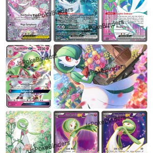 May include: Nine Pokémon trading cards featuring Gardevoir. The cards showcase various designs with vibrant colors, including pink, green, and white. Each card has unique artwork and text, with the "JsPokeBinders" logo visible.