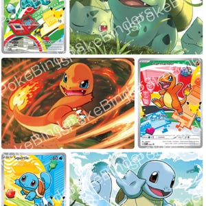 May include: A collection of six trading cards featuring Bulbasaur, Charmander, and Squirtle. The cards display colorful illustrations of these creatures in action, alongside game statistics, text labels, and vibrant graphic patterns in red, blue, and green.