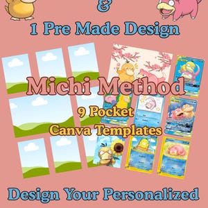 Könnte beinhalten: Eine digitale Grafik mit 10 Vorlagen und 1 vorgefertigtem Design für die Michi Method 9-Pocket Canva-Vorlagen. Das Layout enthält Illustrationen von gelben und rosa Kreaturen, leere rechteckige Rahmen mit Wolken und Gras sowie mehrere Sammelkarten.