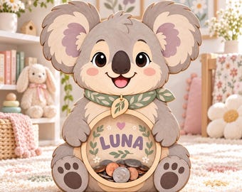 Custom Koala Piggy Bank for Kids, Personalized Wooden Coin Bank with Name, Cute Animal Money Box, Baby Shower Gift, Nursery Decor