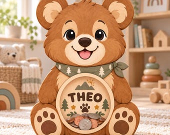 Tirelire ours personnalisée, tirelire en bois pour enfants, tirelire personnalisée avec prénom, décoration de chambre d'enfant sur le thème de la forêt, cadeau de naissance ou d'anniversaire.