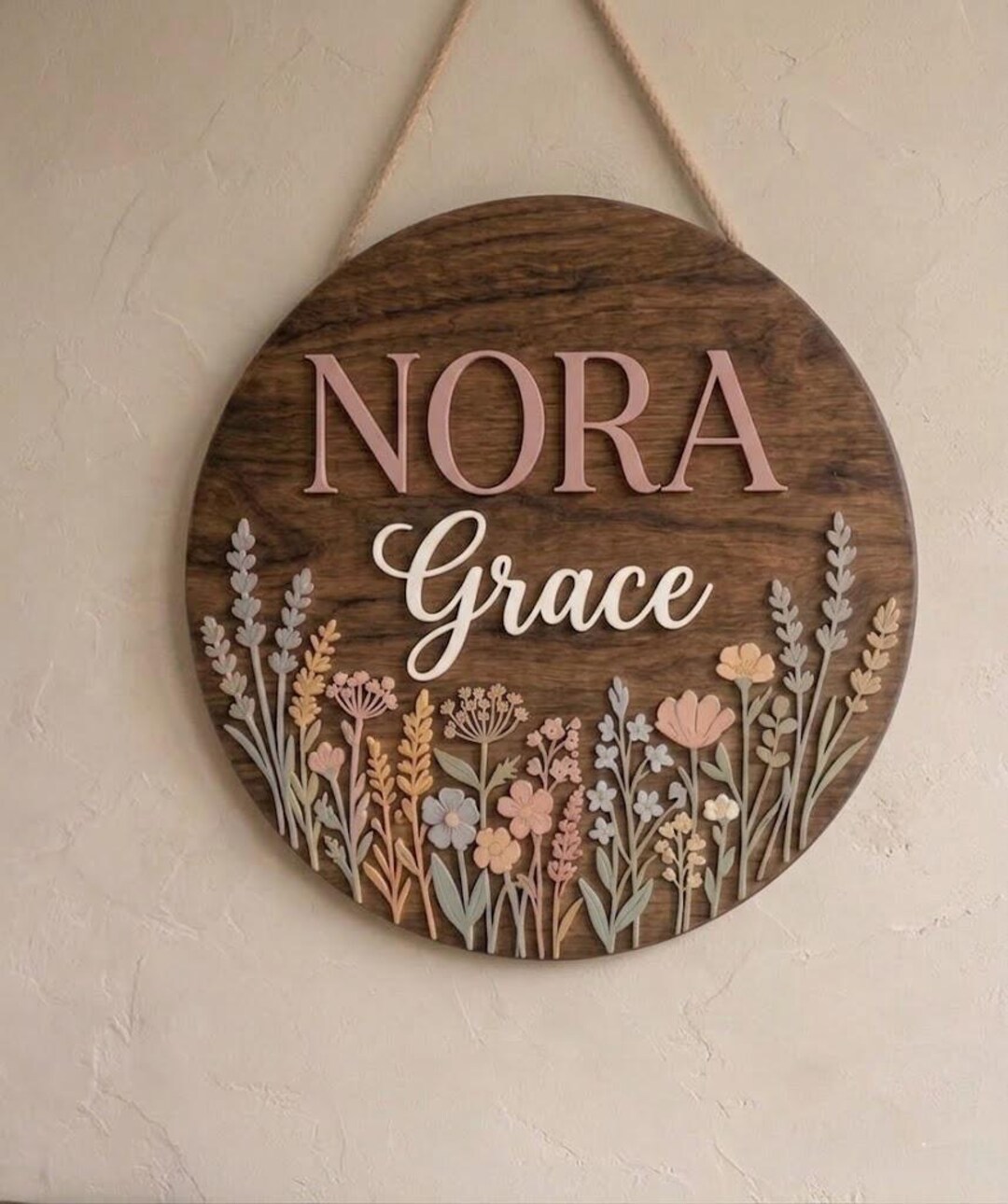 Custom Floral Nursery Name Sign, Personalized Round Wooden Plaque ...