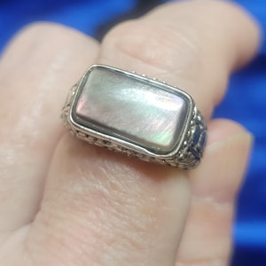Premier Designs Sterling Silver Opal White Ring Size 7 | Rectangular Opalite Cabochon Ring | Ornate 925 Statement Ring