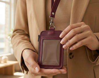 100% Genuine leather ID holder, Personalized leather badge holder, Leather lanyard and badge holder, Leather ID card holder,Custom ID holder