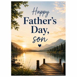 May include: A greeting card featuring a scenic lake at sunset with a wooden dock in the foreground and mountains in the distance. The text "Happy Father's Day, son" is printed in dark blue letters above a small dark blue heart icon.