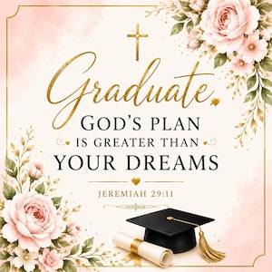 May include: A graduation-themed image with a soft pink and gold color scheme. The words "Graduate, God's Plan is Greater Than Your Dreams" are written in elegant gold script. A graduation cap and diploma are at the bottom, surrounded by floral accents.