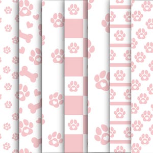 May include: A collection of pink and white patterned designs featuring paw prints with heart-shaped centers, dog bones, and hearts. The patterns include a checkerboard, stripes, and scattered elements, creating a playful and loving theme.