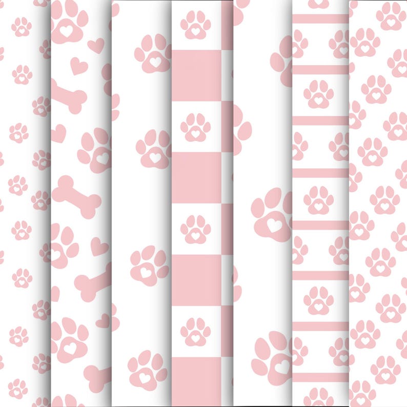 May include: A collection of pink and white patterned designs featuring paw prints with heart-shaped centers, dog bones, and hearts. The patterns include a checkerboard, stripes, and scattered elements, creating a playful and loving theme.