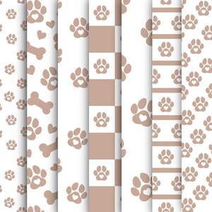 May include: A collection of seamless patterns featuring paw prints with heart-shaped centers, bones, and hearts in a soft brown color. The patterns are set against a white background, with some designs incorporating a checkered pattern.