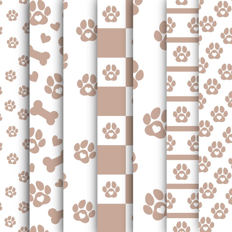 May include: A collection of seamless patterns featuring paw prints with heart-shaped centers, bones, and hearts in a soft brown color. The patterns are set against a white background, with some designs incorporating a checkered pattern.