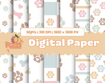 Op de afbeelding: Digitaal papierpakket met patronen van pootafdrukken, harten en botten in pastelkleuren. De patronen zijn gerangschikt in verticale strepen. De tekst "Digital Paper" is oranje weergegeven. De afbeelding bevat ook de tekst "56 JPG | 300 DPI | 3600 x 3600 PX".