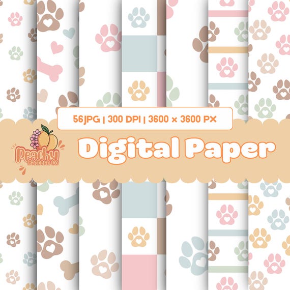 Paw Print Digital Paper Pack | Dog Cat Seamless Pattern | Pet Scrapbook Paper | 56 Printable Backgrounds | 12x12 Instant Download
