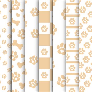 May include: A collection of seamless patterns featuring paw prints with heart-shaped centers, dog bones, and hearts in a soft beige color. The patterns are set against a white background, with some designs incorporating a checkered pattern and stripes.