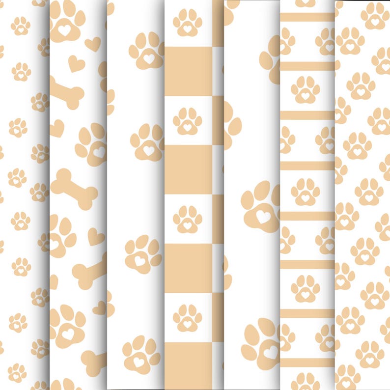 May include: A collection of seamless patterns featuring paw prints with heart-shaped centers, dog bones, and hearts in a soft beige color. The patterns are set against a white background, with some designs incorporating a checkered pattern and stripes.