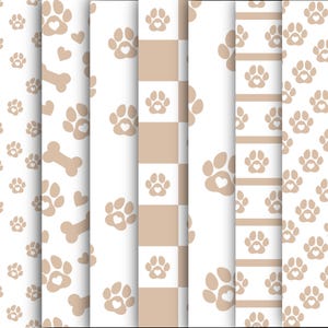 May include: A collection of seamless patterns featuring paw prints with heart-shaped centers, bones, and hearts in a soft beige color on a white background. The patterns include checkered, striped, and scattered designs, perfect for pet-themed crafts.