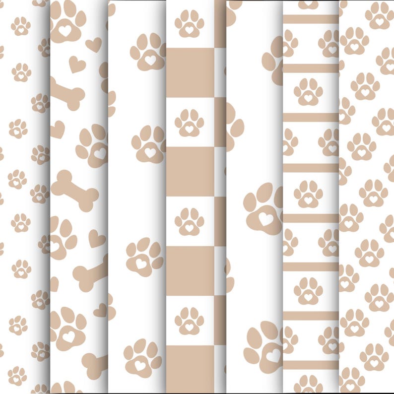 May include: A collection of seamless patterns featuring paw prints with heart-shaped centers, bones, and hearts in a soft beige color on a white background. The patterns include checkered, striped, and scattered designs, perfect for pet-themed crafts.