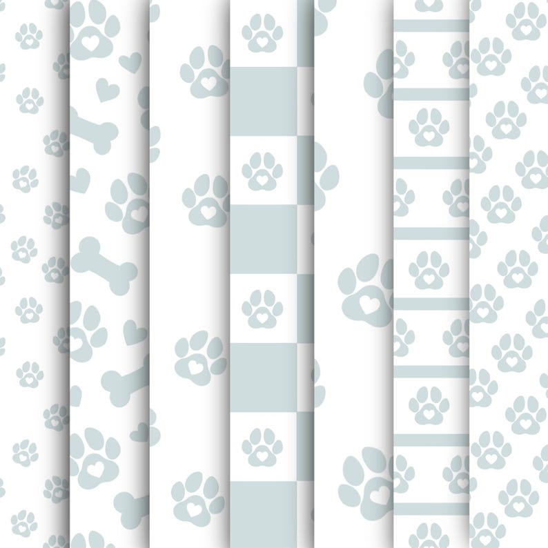 May include: A collection of seamless patterns featuring light blue paw prints with heart-shaped centers, bones, and hearts on a white background. The patterns include a checkerboard design and striped borders, perfect for pet-themed crafts and designs.