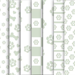 May include: A collection of seamless patterns featuring light green paw prints with heart details, bones, and hearts on a white background. One pattern has a checkered design, while another has horizontal stripes. The patterns are suitable for pet-themed products.