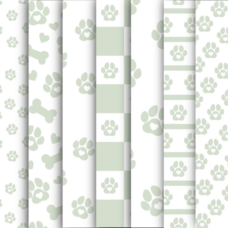 May include: A collection of seamless patterns featuring light green paw prints with heart details, bones, and hearts on a white background. One pattern has a checkered design, while another has horizontal stripes. The patterns are suitable for pet-themed products.
