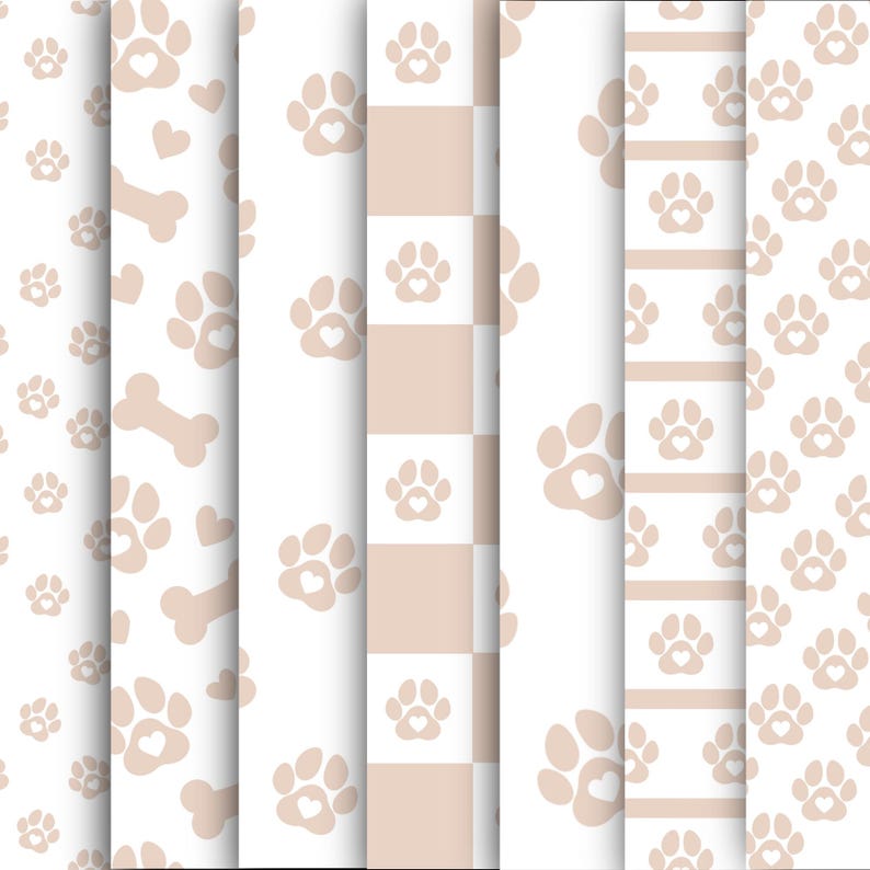 May include: A collection of patterned papers featuring a dog-themed design. The patterns include paw prints with hearts, dog bones, and a checkered pattern, all in shades of beige and white. These papers are suitable for crafts and pet-related projects.
