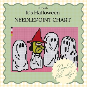 Puede incluir: Un gráfico de punto de aguja de 18 mesh titulado It's Halloween. El diseño presenta un gráfico pixelado sobre un fondo rosa que muestra tres fantasmas blancos y un personaje central de piel verde con un sombrero rojo puntiagudo. Archivo digital.