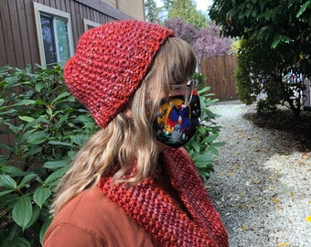 Hat and cowl set, Garnet, Hand - knitted