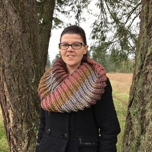 May include: A multi-colored knitted cowl scarf in shades of pink, brown, gray, and yellow. The scarf is worn over a black coat. The background features two large trees and a field.