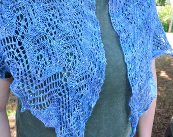 Lace shawl, crescent shape, with beads. Ice blue.