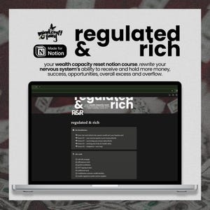 May include: A laptop screen displaying a digital course titled Regulated & Rich, featuring a Notion interface with modules on wealth capacity, nervous system regulation, and money blocks, alongside the Mind Craft Fairy logo and branding.