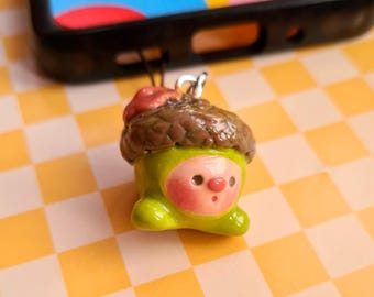 Handmade Autumn Themed Acorn Phone Charm, Polymer Clay Mini Figure