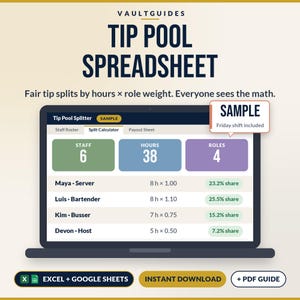 May include: A digital tip pool spreadsheet displayed on a laptop screen, titled VAULTGUIDES TIP POOL SPREADSHEET. The interface shows a Tip Pool Splitter with staff names, hours, role weights, and calculated percentage shares for a Friday shift.