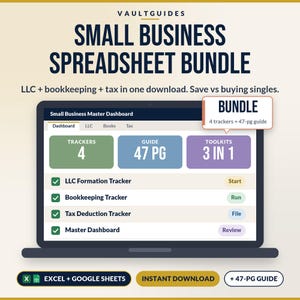 Op de afbeelding: Een digitaal spreadsheetpakket voor kleine bedrijven voor Excel en Google Sheets. De interface toont een masterdashboard met trackers voor LLC-vorming, boekhouding en belastingaftrek, plus een gids van 47 pagina's en 3-in-1 toolkits.