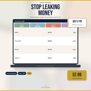 May include: A digital subscription audit interface on a laptop screen with the text STOP LEAKING MONEY. The dashboard displays monthly and yearly costs, a list of services like Netflix and Adobe CC, and a callout box showing $671/YR in savings.
