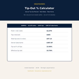Könnte beinhalten: Ein digitales Tool zur Berechnung des Trinkgeldanteils von VaultGuides. Die Benutzeroberfläche zeigt eine Beispiel-Berechnungstabelle mit Feldern für Speisen- und Getränkeumsätze, erhaltene Trinkgelder, Gesamtauszahlungen und Prozentsätze.