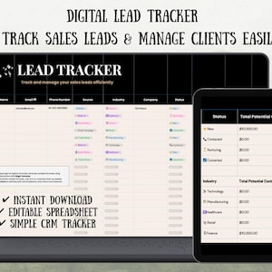 May include: A digital lead tracker displayed on a laptop and tablet. The laptop screen shows a spreadsheet with columns for lead name, email, phone, and industry. The tablet displays a summary of potential contract values. Text includes "Instant Download" and "Editable Spreadsheet."