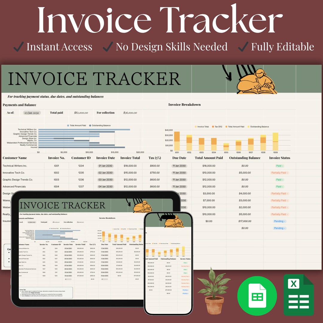 Invoice Tracker Spreadsheet | Editable Invoice Template | Google Sheets ...